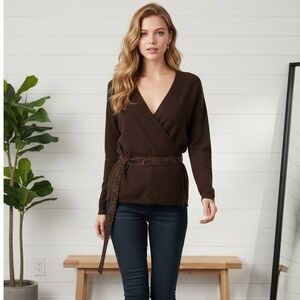 Lafayette 148 Size S Brown Beaded Wrap Sweater Cashmere Elevated Basic Fitted